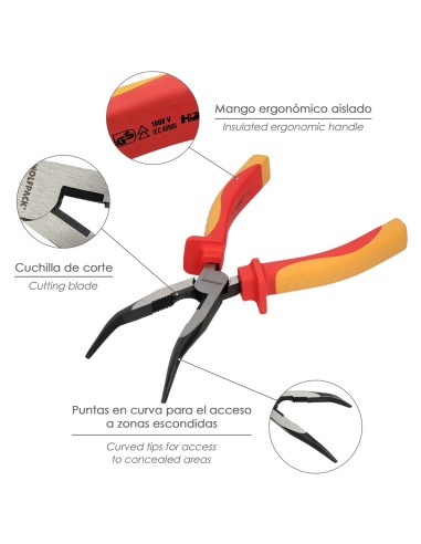 Alicates Boca Curva 200 mm. Mangos Aislados Acero Cromo Vanadio Pelacables, Corta Cables, Pelador Cables