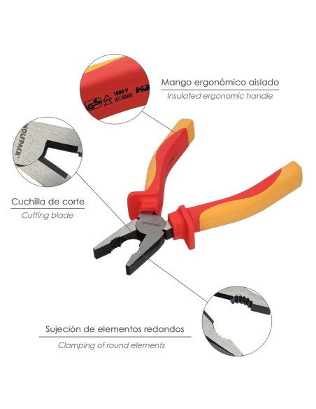 Alicates Universales 150 mm. Mangos Aislados Acero Cromo Vanadio Pelacables, Corta Cables, Pelador Cables