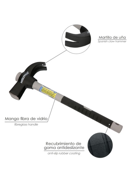 Martillo Uña Mango Fibra Vidrio Mango Fibra Vidrio Con Empuñadura Antideslizante. 600 Gramos 33 cm.