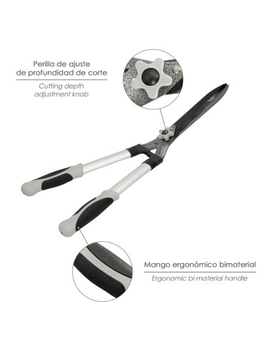 Tijera Podar Setos 2 Manos Aluminio 63 cm. Hojas Acero Antiadherente, Mango TPR, Ajuste Corte