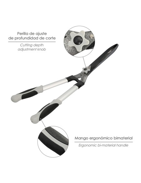 Tijera Podar Setos 2 Manos Aluminio 63 cm. Hojas Acero Antiadherente, Mango TPR, Ajuste Corte