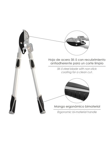 Tijeras Podar 2 Manos Yunque. Telescopica de 68 a 95 cm. Mango Aluminio Multiplicador Fuerza, Corte Ø 35 mm. Empuñadura TPR