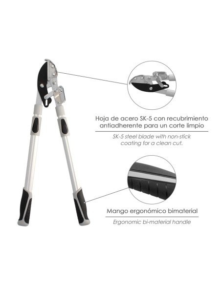 Tijeras Podar 2 Manos Yunque. Telescopica de 68 a 95 cm. Mango Aluminio Multiplicador Fuerza, Corte Ø 35 mm. Empuñadura TPR