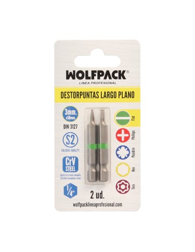 Puntas Destornillador Largo Plano 3 mm. (2 Piezas). Acero S2 al Cromo Vanadio. Puntas Hexagonales, Destorpuntas,