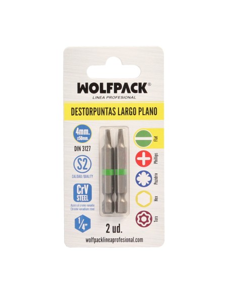 Puntas Destornillador Largo Plano 4 mm. (2 Piezas). Acero S2 al Cromo Vanadio. Puntas Hexagonales, Destorpuntas,