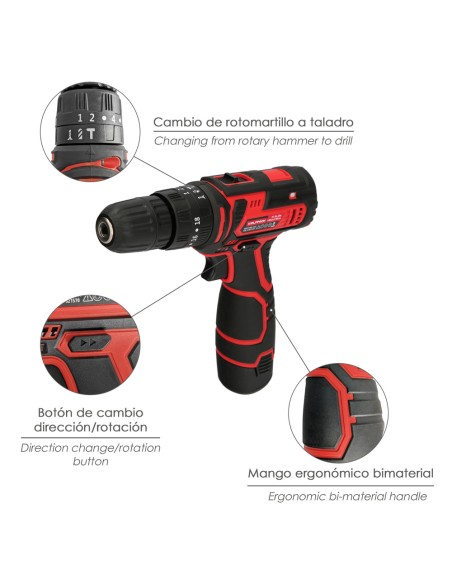 Taladro Atornillador 12 V. Con 2 Velocidades y Percutor. Bateria 1.300 mAh. Par Apriete 35 Nm.