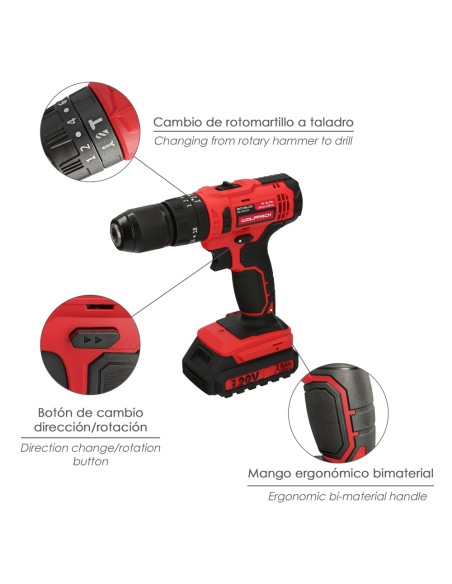 Taladro Atornillador 20 V. Con 2 Velocidades y Percutor. Bateria 2 Ah. Par Apriete 35 Nm.