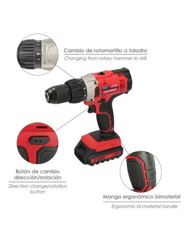 Taladro Atornillador 20 V. Con 2 Velocidades y Percutor. Bateria 2 Ah. Par Apriete 50 Nm.