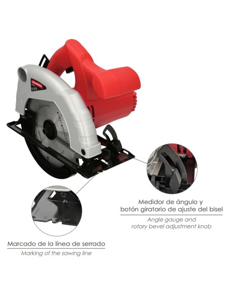 Sierra Circular 1300 Watt. Disco 185 mm. 4.800 RPM Corte a Inglete Con Regulador de Profundidad. Ingletadora, Sierra Madera.