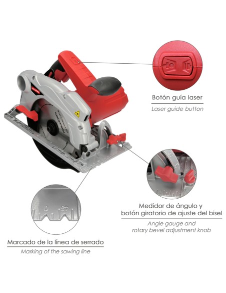 Sierra Circular 1300 Watt. Con Laser Disco 185 mm. 4.700 RPM Corte Inglete Regulador de Profundidad. Ingletadora, Sierra Madera