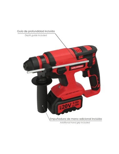 Martillo SDS PLUS A Bateria 20 Volt. Con Bateria 4.0 Ah. 1.400 R.P.M. 3 Funciones Cincelar, Perforar y Perforar con Martillo