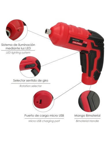 Atornillador 4 V. Con Led, Funda y 5 Destorpuntas, Bateria Recargable USB
