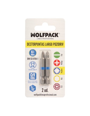 Destorpuntas Largo Pozidriv Nº 1 (2 Piezas) Acero S2 al Cromo Vanadio. Puntas Hexagonales, Destorpuntas,