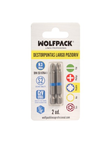 Destorpuntas Largo Pozidriv Nº 3 (2 Piezas) Acero S2 al Cromo Vanadio. Puntas Hexagonales, Destorpuntas,