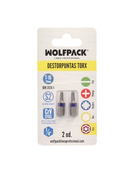 Puntas Destornillador Torx 15 Inviolable (2 Piezas). Acero S2 al Cromo Vanadio. Puntas Hexagonales, Destorpuntas,