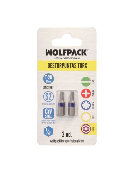 Puntas Destornillador Torx 20 Inviolable (2 Piezas). Acero S2 al Cromo Vanadio. Puntas Hexagonales, Destorpuntas,