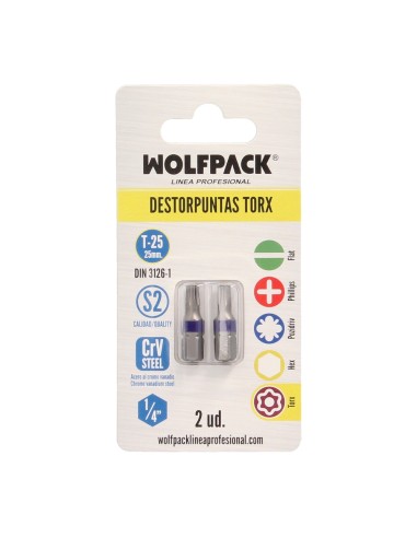 Puntas Destornillador Torx 25 Inviolable (2 Piezas). Acero S2 al Cromo Vanadio. Puntas Hexagonales, Destorpuntas,
