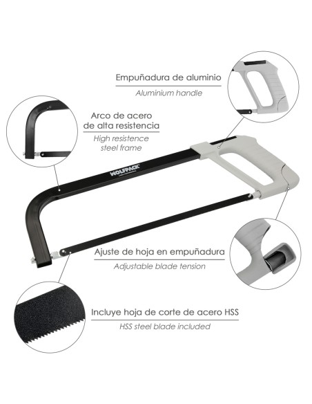 Arco Sierra Acero Con Empuñadura de Aluminio Angulo Corte Ajustable. Corta Acero, Aluminio, Madera, Plastico, Cobre