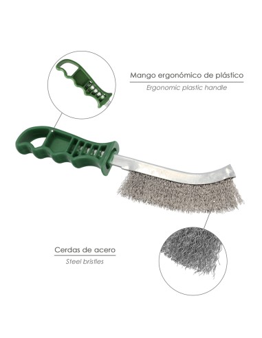 Cepillo Acero Inoxidable Mango Verde 25 cm. Cepillo Eliminación Oxido, Pintura, Pulido De Metales.