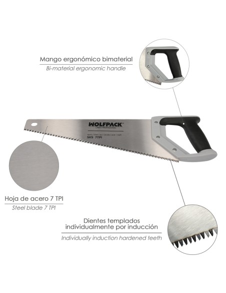 Serrucho Carpintero Bimaterial 400 mm. / 16" Acero SK5 Triple Afilado Sierra Carpintero, Serrucho Carpinteria, Sierra Costilla