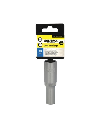 Llave Vaso 1/2" Hexagonal Larga 10 mm. Perfil de 6 caras. Acero Cromo Vanadio, Aristas Redondas