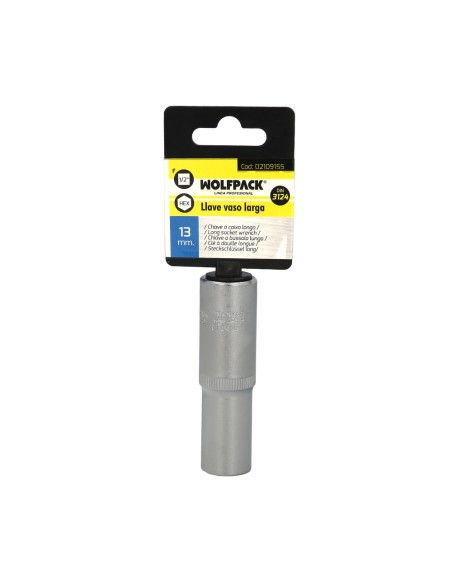 Llave Vaso 1/2" Hexagonal Larga 13 mm. Perfil de 6 caras. Acero Cromo Vanadio, Aristas Redondas