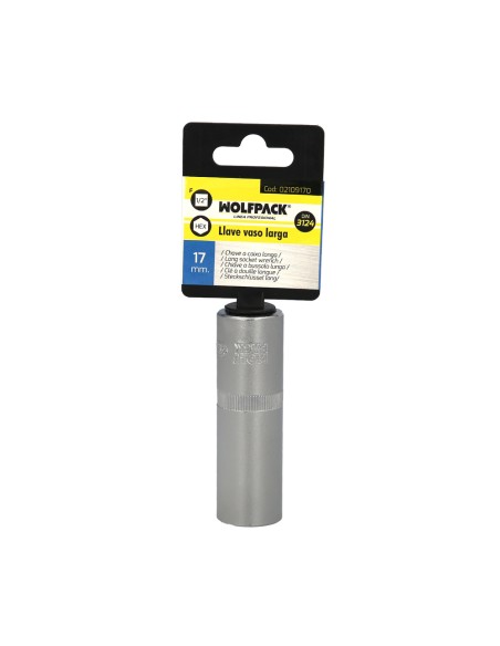 Llave Vaso 1/2" Hexagonal Larga 17 mm. Perfil de 6 caras. Acero Cromo Vanadio, Aristas Redondas