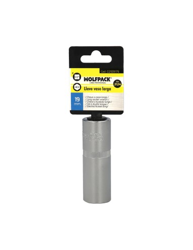 Llave Vaso 1/2" Hexagonal Larga 19 mm. Perfil de 6 caras. Acero Cromo Vanadio, Aristas Redondas