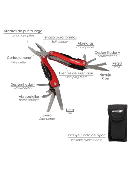 Alicates Multiusos Plegables Con Funda 12 Funciones, Multiherramienta con Alicates, Navaja, Sierra, Destornillador, Lima, Regla