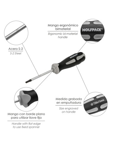 Destornillador Torx Inviolable Acero S2 Mango TPR Bimaterial. Medida T20 x Ø 5,0 x 75 mm.