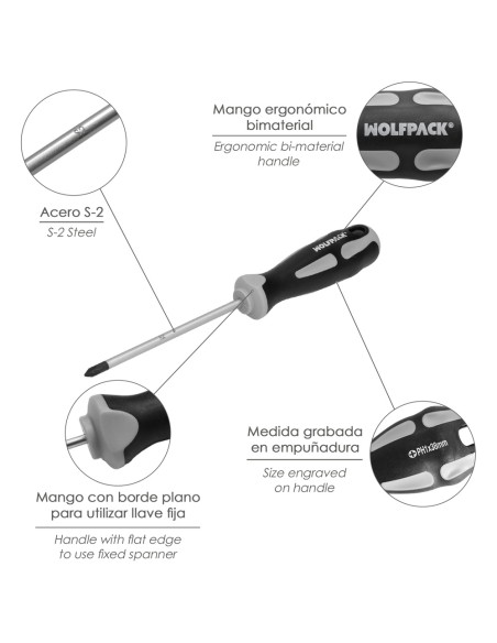 Destornillador Phillips Acero S2 Mango TPR Bimaterial. Medida PH 1 x Ø 5,0 x 38 mm. DIN5262.