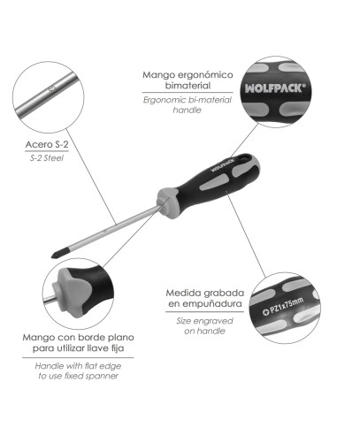 Destornillador Pozidriv Acero S2 Mango TPR Bimaterial. Medida PZ 1 x Ø 5 x 75 mm. DIN5262.