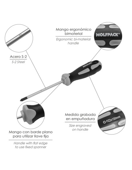 Destornillador Pozidriv Acero S2 Mango TPR Bimaterial. Medida PZ 2 x Ø 6 x 150 mm. DIN5262.