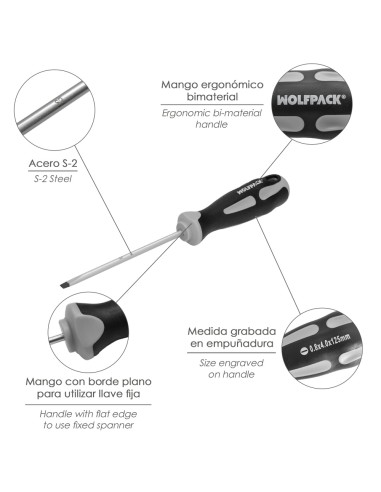 Destornillador Plano Vaciado Acero S2 Mango TPR Bimaterial. Medida 0,8 x Ø 4,0 x 125 mm. DIN5265
