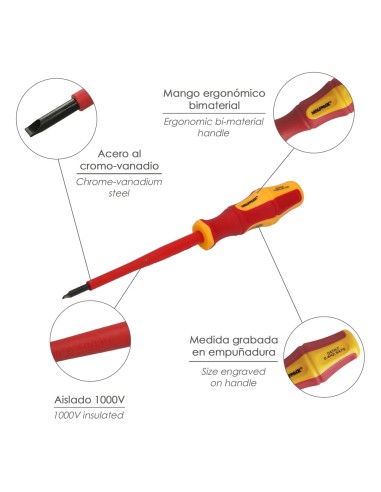 Destornillador Plano Aislado Certificado VDE 1.000 V. Medida 0,4 x Ø 2,5 x 75 mm. Destornillador Seguridad Electricista