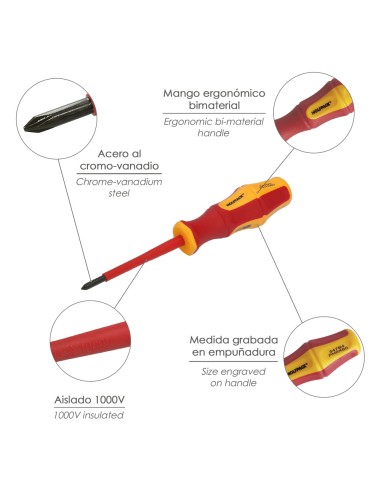 Destornillador Phillips Aislado Certificado VDE 1.000 V. Medida PH 0 - 3,0 x 60 mm. Destornillador Seguridad Electricista