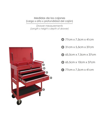 Carro Portaherramientas Metalico 86x44x99 cm. con 4 Cajones y 2 Bandejas