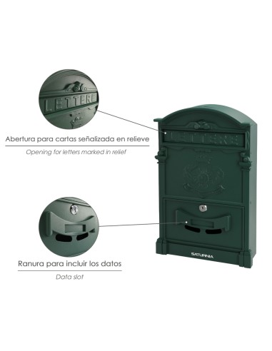 Buzon Jardín Aluminio Fundido Verde Palace 255 x 410 x 90 mm.