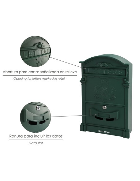 Buzon Jardín Aluminio Fundido Verde Palace 255 x 410 x 90 mm.