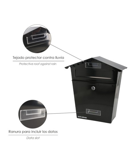 Buzon Exteriores House Negro 330 x 125 x 365 (Alt.) mm. Con Tejado, Acero Pintado. Buzon Pared, Buzon Cartas, Buzon Correos