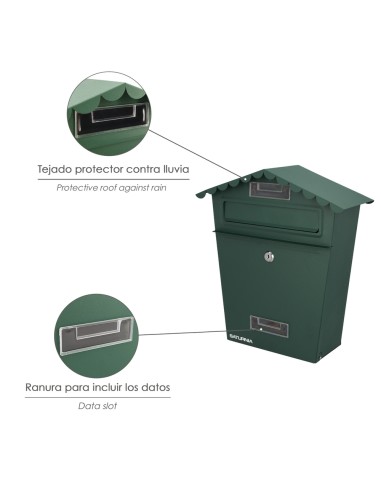 Buzon Exteriores House Verde 330 x 125 x 365 (Alt.) mm. Con Tejado, Acero Pintado. Buzon Pared, Buzon Cartas, Buzon Correos
