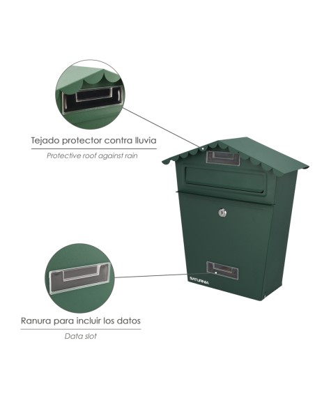 Buzon Exteriores House Verde 330 x 125 x 365 (Alt.) mm. Con Tejado, Acero Pintado. Buzon Pared, Buzon Cartas, Buzon Correos