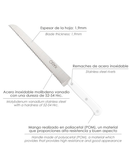Cuchillo Husky Panero 21 cm. Hoja Acero Inoxidable, Cuchillo Pan , Cuchillo Cortar Pan Mango Ergonomico Blanco