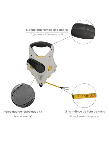 Cinta Metrica Fibra de Vidrio 50 Metros Sistema 3x Velocidad Recogida