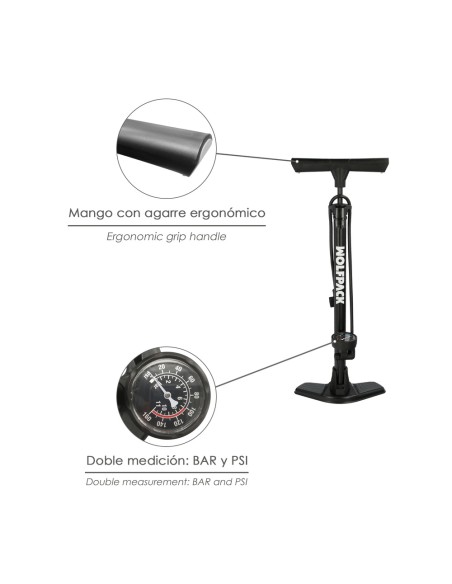 Bomba Aire Con Manometro 8 Bares Cuerpo y Pies Acero, Valvulas SCHRADER y PRESTA con Adaptadores. Bomba Bicicletas, Bomba coches
