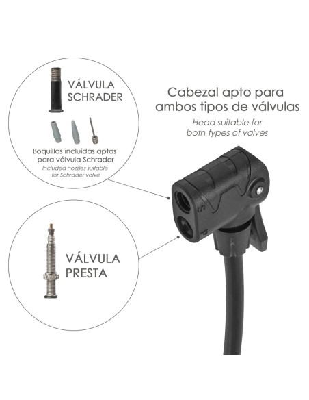 Bomba Aire Pie / Pedal Con Manometro 6 Bares Cuerpo Acero, Valvulas SCHRADER y PRESTA con Adaptadores. Bomba Bicicletas, Motos