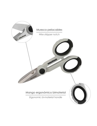 Tijeras Electricista 140 mm. Mango TPR No tension. Hojas Acero Inoxidable, Ergonomicas, Tijeras Cortar Cable, Pelacables