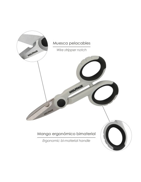 Tijeras Electricista 140 mm. Mango TPR No tension. Hojas Acero Inoxidable, Ergonomicas, Tijeras Cortar Cable, Pelacables