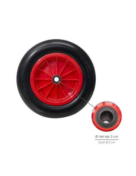 Rueda Carretilla Invernadero Poliuretano Impinchable Llanta Plástico, Ø 360 mm. Eje Ø 20 mm.