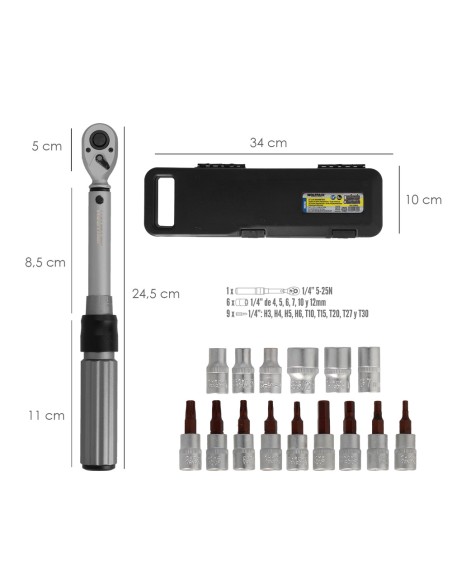 Llave Dinamometrica 1/4" Con 9 Puntas Hexagonales y 5 Vasos. Llave De Torque Camiones, Coches, Motos, Micro Ajustes, Acero CRV